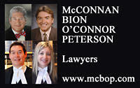 McConnan Bion O'Conner Peterson Law Firm graphic logo of Victoria downtown law firm with photos of 2 founding partners, P. Bion & M. O'Connor, K.C. and  senior partners, M.R.Mark & C.Salomon, KC