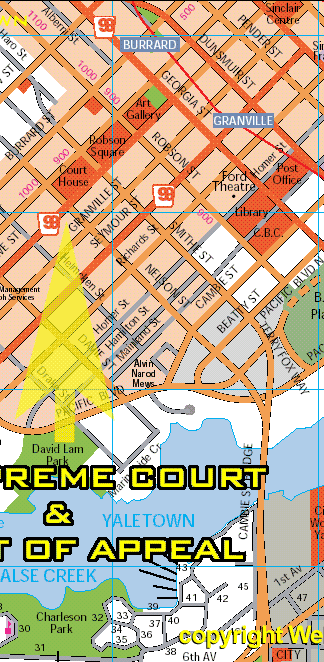 Street location of BC SUPREME COURT and  COURT OF APPEAL between Hornby and Howe Streets