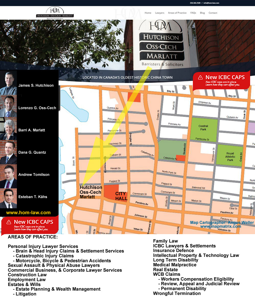 Victoria street map of office location of Hutchison Oss-Cech Marlatt, on the corner of Fisgard and Store St.,   Brain injury & catastrophic injuries ICBC disputes lawyers and Intelectual Property, Business-corporate law and creditors remedies Lawyers