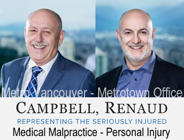 photos of Ian Campbell and Don Renauld with view of Metrotown Skytrain station below from their offices in MetroTower in Metrotown mall in Burnaby, experienced in medical malpractice/negligence e.g. biirth defects and crebral palsy, also handle serious person injury claims and ICBC disputes