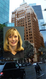 Sandra Banister, QC personal injury, employment law lawyer with photo of Marine Bldg. in background, where her offices are on the 5th floor