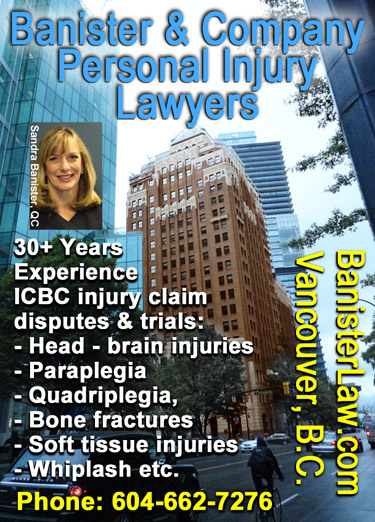 Sandra Banister, QC Queens Cousel with over 30 years experience in personal injury ICBC claims disputes, photo in front of Marine Building  on Burrard St. in downtown Vancouver - click for more info